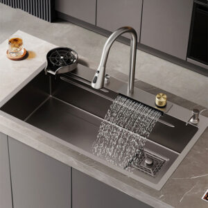 Metal-Kitchen-Sink-Glass-Rinser-Smart-Multifunction-Black-Modern-Stainless-Steel-Waterfall-Kitchen-Sink